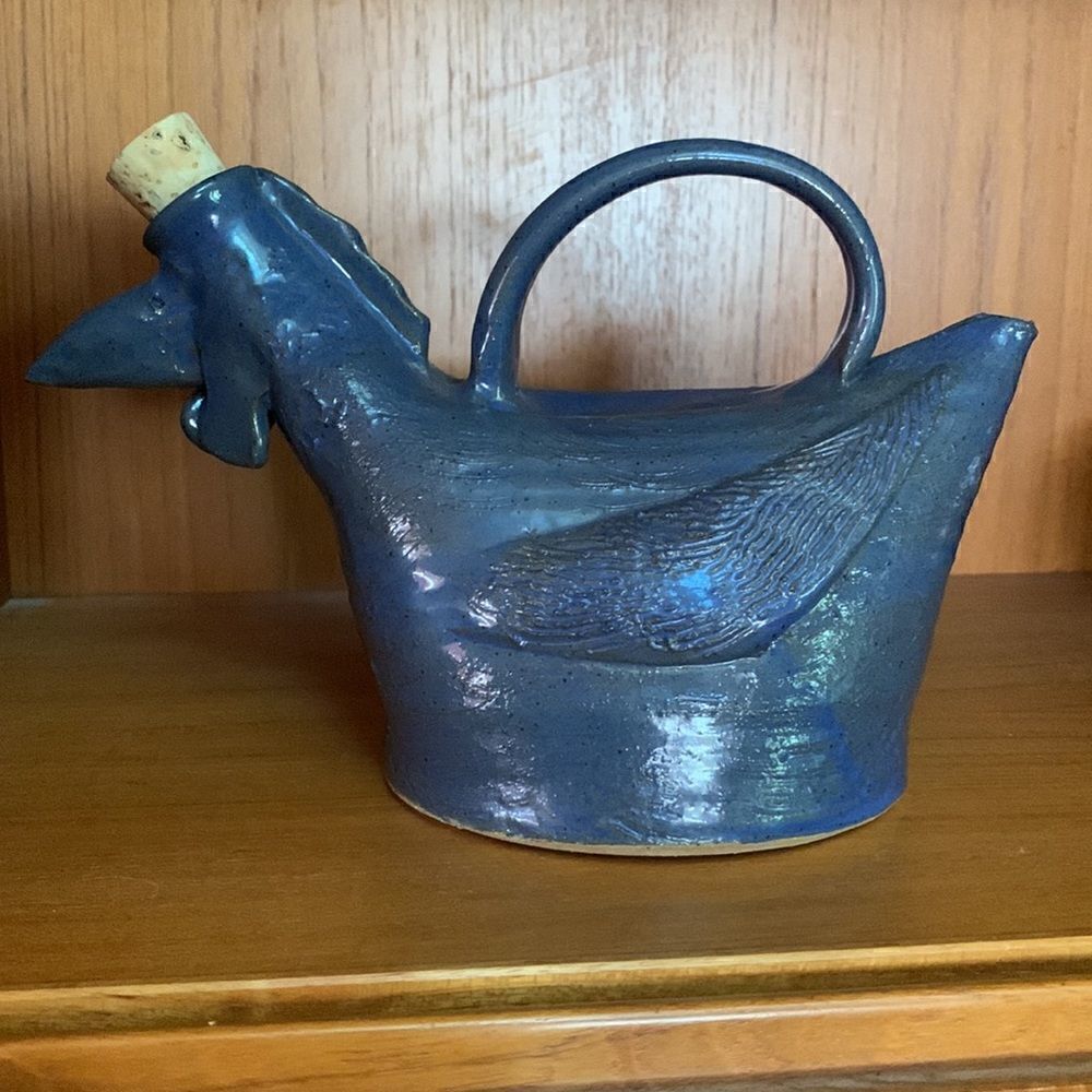 Hand Crafted Clay Oil Dispenser Rooster Blue Pottery